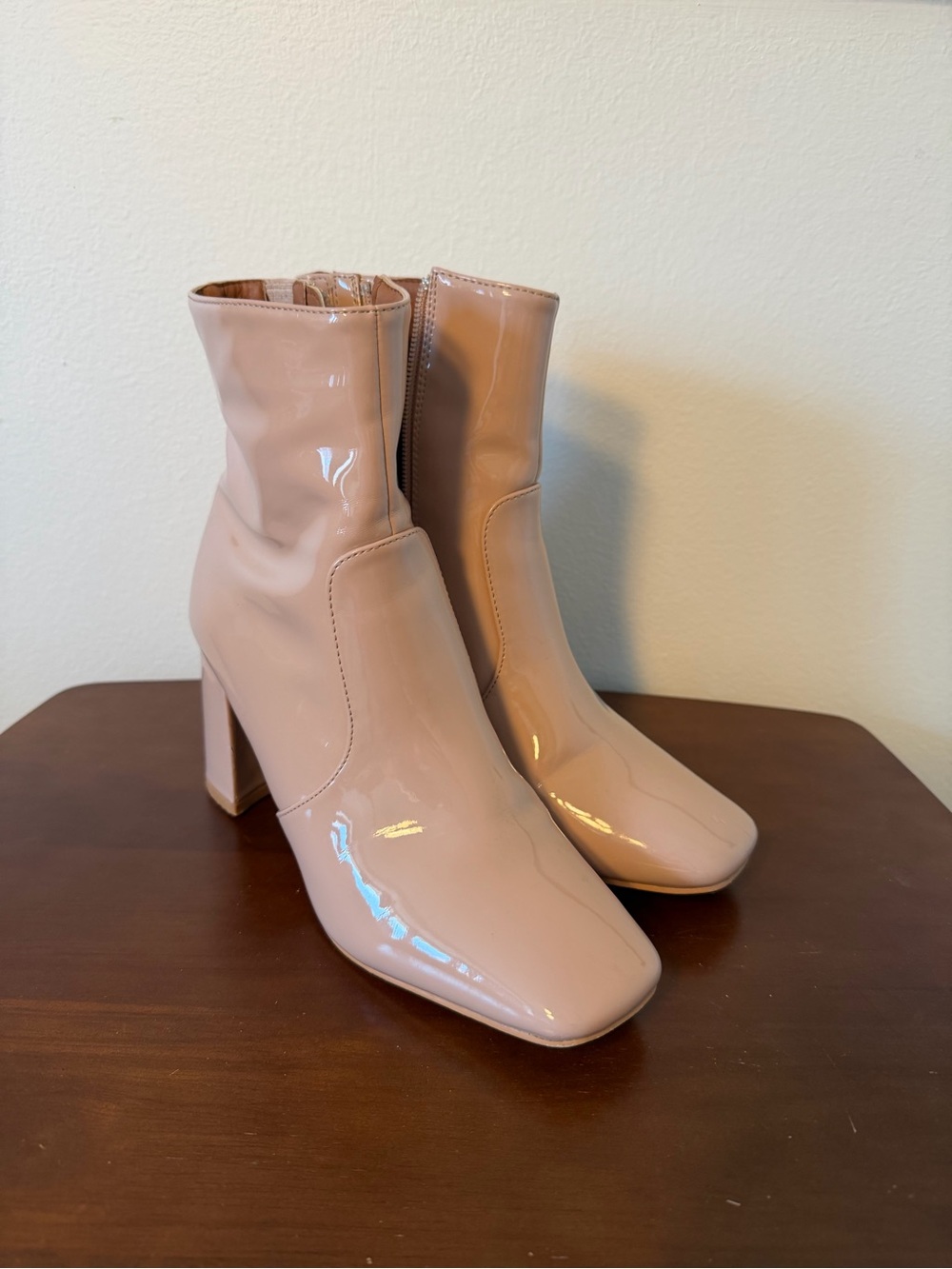 BEAST FASHION Blush Patent Square-Toe Block Heel Ankle Boots